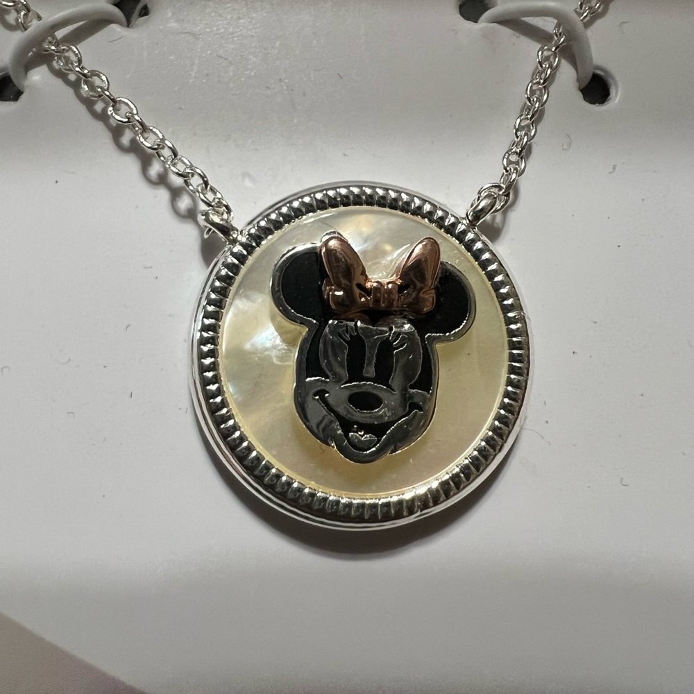 Disney 100 anniversary fine silver plated Minnie
Mouse circle pendant necklace